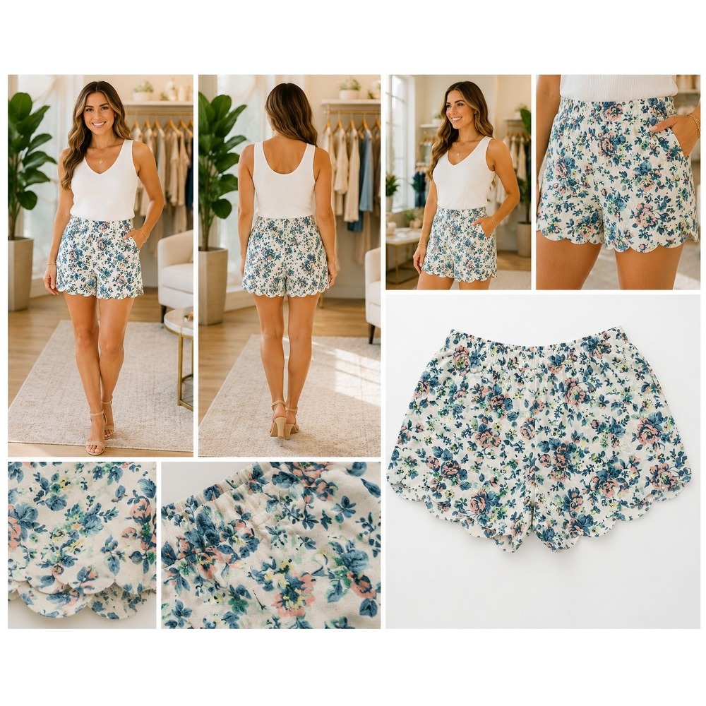 E By Eloise Floral Scalloped Hem Shorts Size Small Blue Pink Pockets Cottagecore